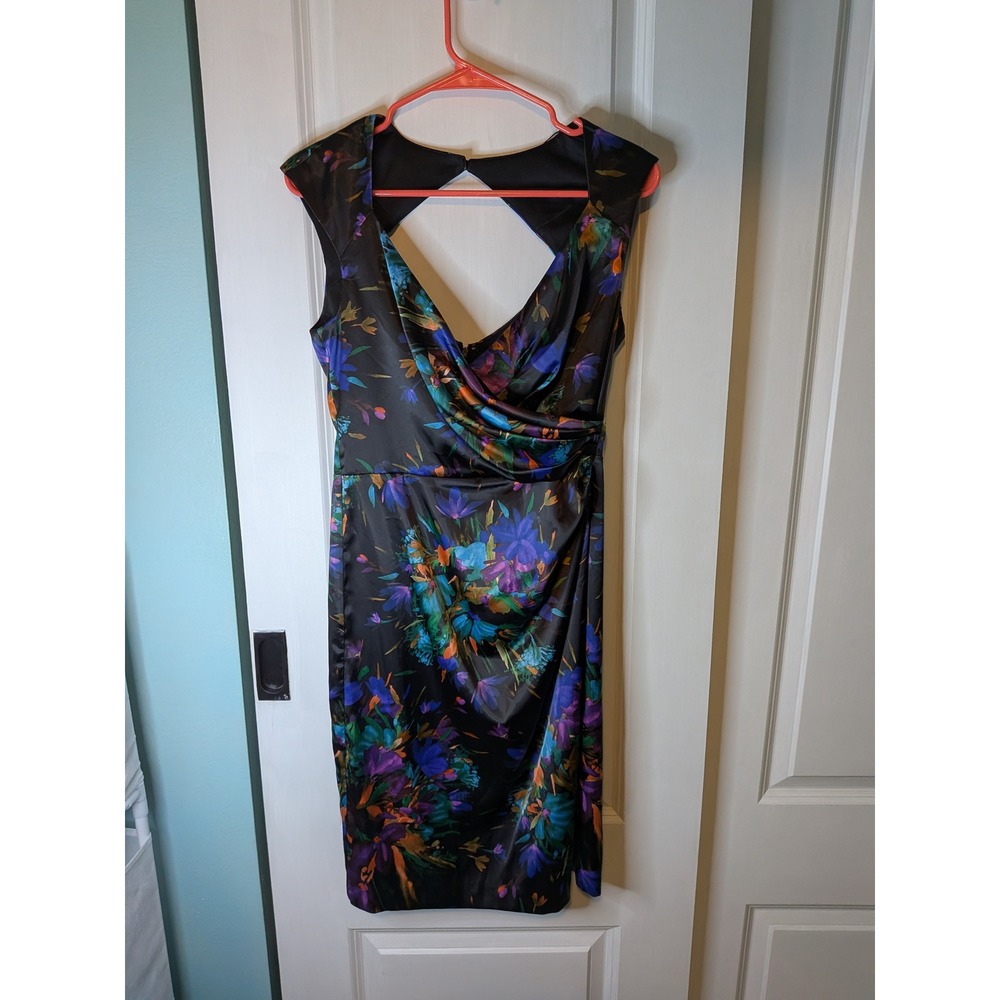 London Style Nights Floral Satin Ruched Sheath Dress Black Purple Blue 10